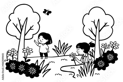 Charming children's illustration of two girls enjoying nature in a whimsical garden scene