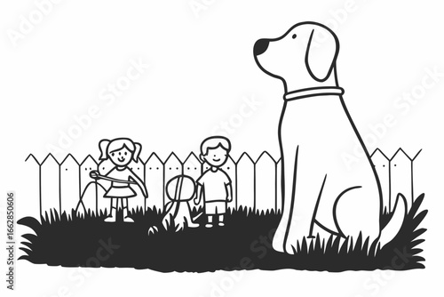 Playful outdoor scene with children, dog, and fence illustration on white background
