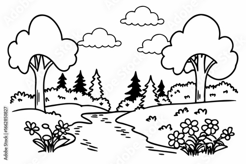 Whimsical black and white nature scene with trees, flowers, and river for coloring fun