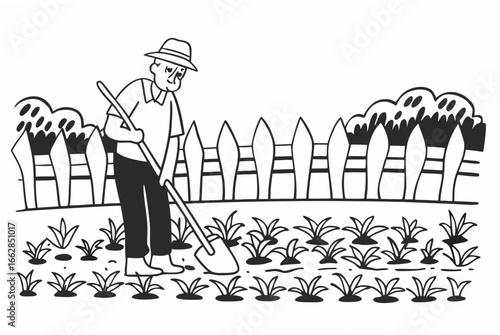 Gardener tending to plants in garden with fence artfully drawn and ready for spring