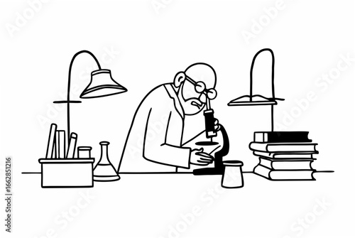 Scientist studies specimen with microscope in lab, books nearby for research and discovery