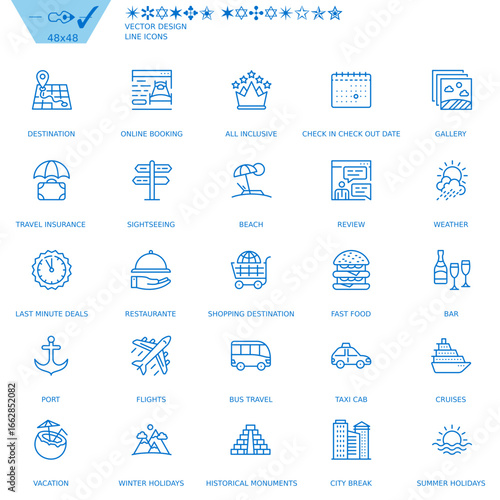 A large set of detailed line art icons, all in blue. The icons cover a wide range of travel and navigation concepts, including landmarks, transport, weather, and destinations