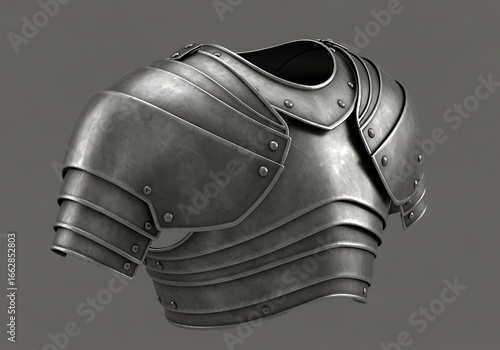 Elaborate steel cuirass with segmented shoulder and chest protection revealing metallic luster armor texture with
