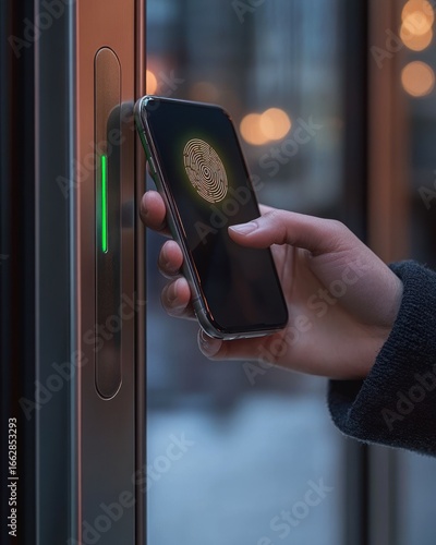 hand holding smartphone scanning fingerprint symbol on screen near illuminated door access panel for secure entry