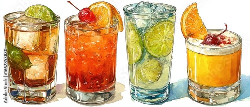 Four colorful alcoholic drinks in glasses, garnished with fruit slices and cherries
