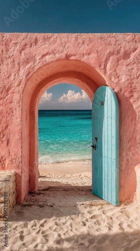 Pink archway, turquoise sea, open door