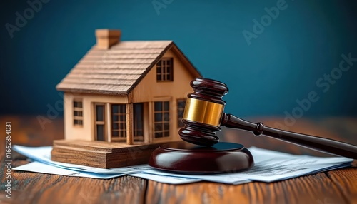 A wooden model house and a judge's gavel placed on top of legal documents on a wooden table, symbolizing real estate law and property judgment