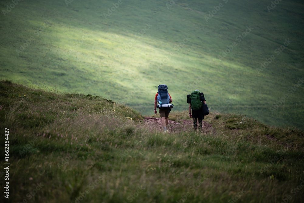Fototapeta premium Two hikers walking on a green mountain trail in summer