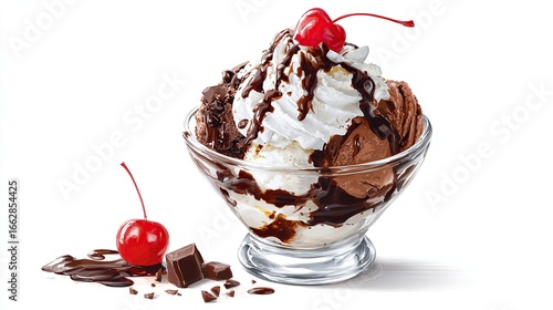 Sundae with ice cream, whipped cream, chocolate sauce, and a cherry on white