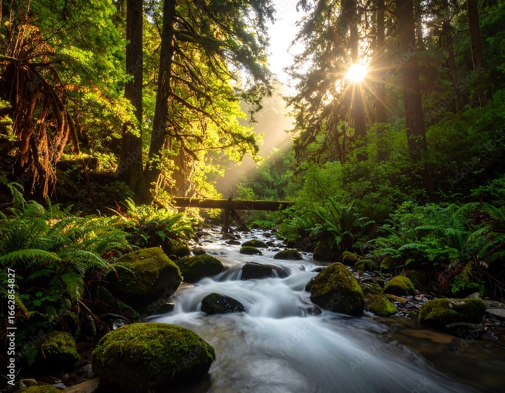Obraz premium Sunlight streams through forest stream