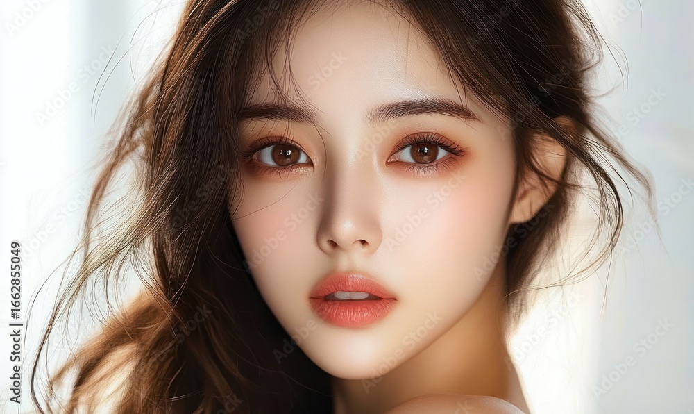Obraz premium close-up portrait of a young woman with smooth skin, brown eyes, slightly parted lips, and loose flowing hair against a soft white background, conveying calm and gentle emotion