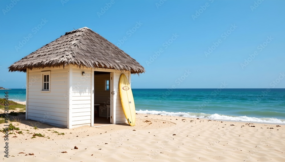 Fototapeta premium Serene Tropical Beach with Thatched Hut and Surfboard