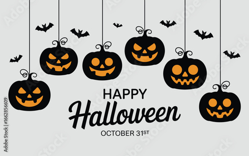 Modern Halloween greeting with suspended jack-o'-lanterns