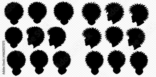 Collection of black silhouettes depicting diverse afro hairstyles from various angles on a transparent background.