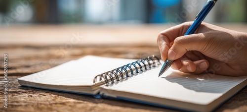 Wallpaper Mural The hand writing in a blank notebook on a wooden desk. Torontodigital.ca