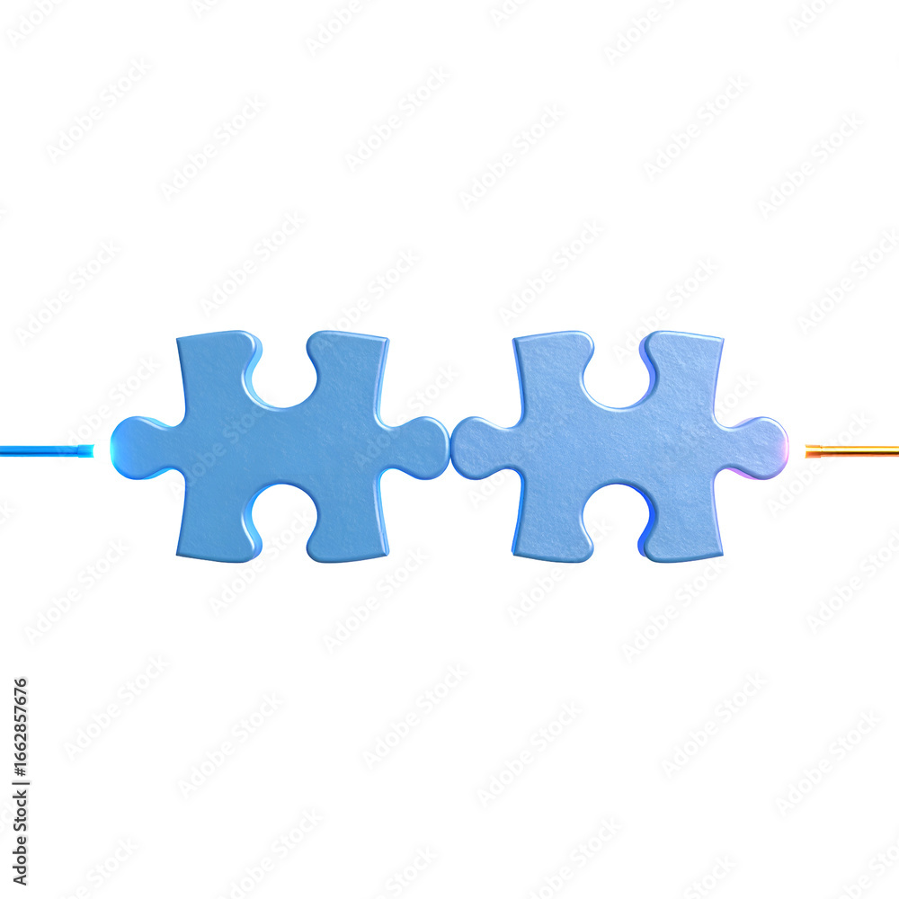 Fototapeta premium Two blue puzzle pieces connect with glowing light strands, symbolizing connection and solutions.