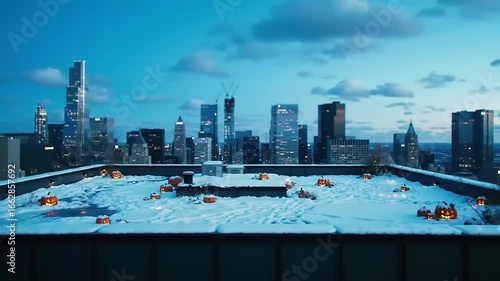 Snowy rooftop cityscape at dusk