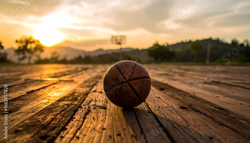 Basket ball on wooden court at sunset