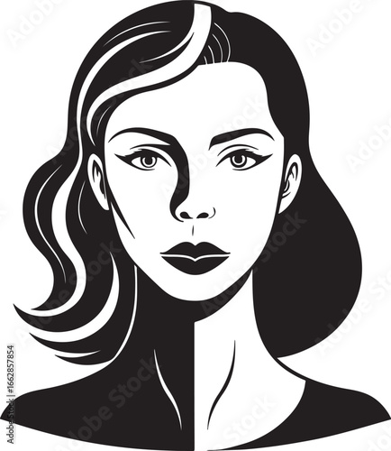 A black and white illustration of a woman with wavy hair looking directly at the viewer art style | editable eps silhouette