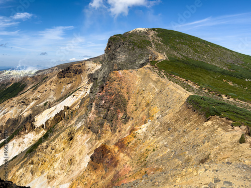 Ridgeline of Mount Kamihorokamettoku viewed from Mount Kamifurano in the Daisetsuzan Range, Hokkaido, Japan, showcasing colorful volcanic terrain, steep cliffs, and a clear summer sky.
