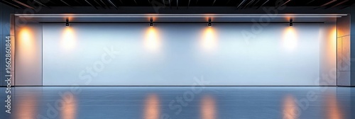 Empty modern gallery room with smooth reflective floor and illuminated white wall under ceiling spotlights