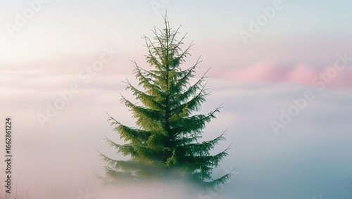 the top of the tree in a pink fog