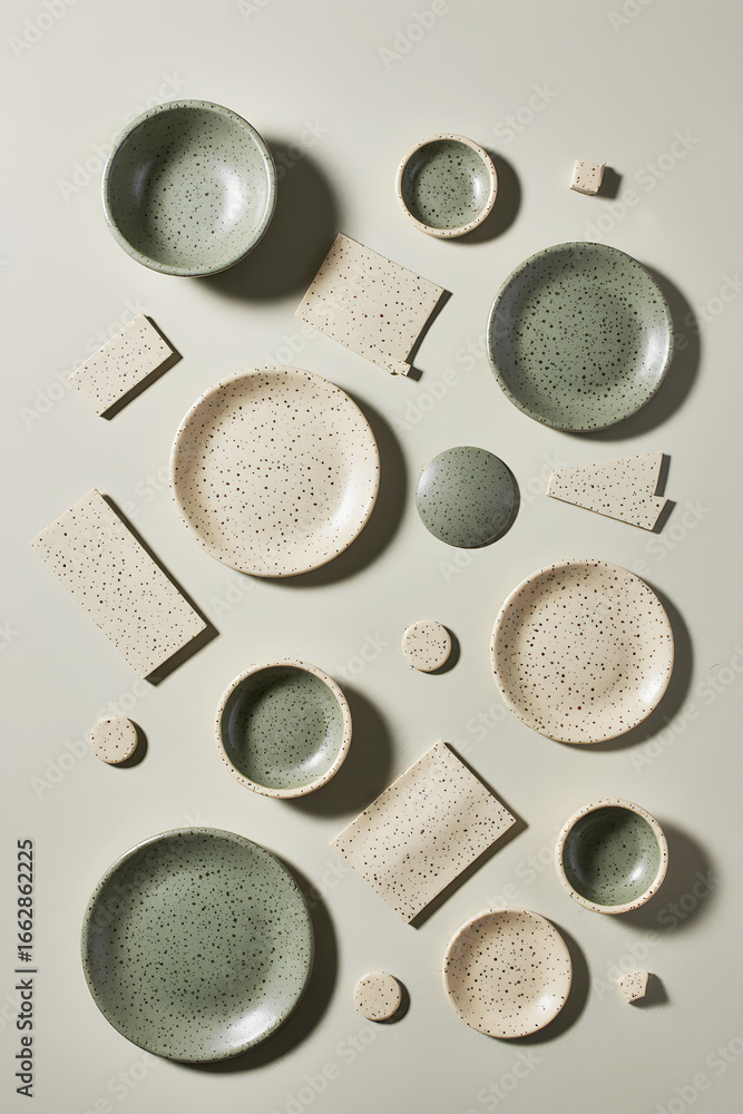 Fototapeta premium Elegant speckled dinnerware arranged artistically on a neutral backdrop showcasing various sizes and shapes of plates and bowls