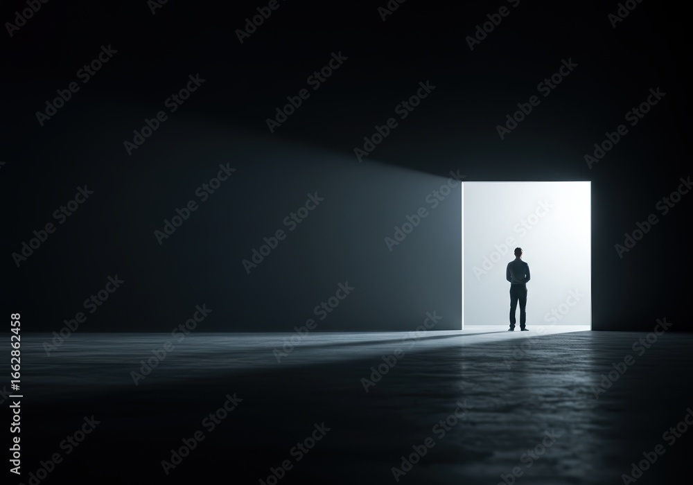 Fototapeta premium Man standing alone in a dark empty room facing a bright open door symbolizing hope, opportunity, and transition. 