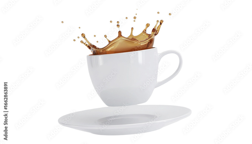 Fototapeta premium White 3d coffee cup. Americano splash and drops. Realistic render cute cups with plate or saucer.