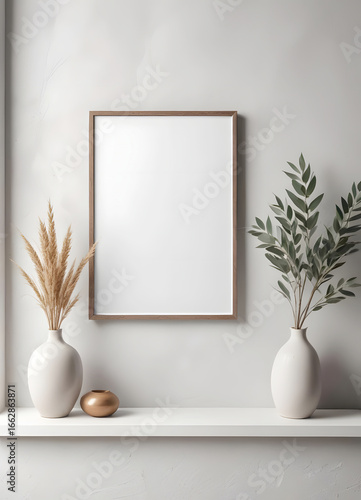 Elegant minimalist decor featuring blank frame and potted plants on a simple shelf