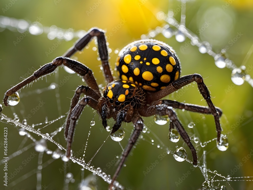Fototapeta premium Vibrant spider with yellow spots on web glistening with water droplets, macro nature detail