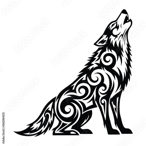 Tribal wolf howling at the moon design featuring swirling patterns perfect for tattoo art and graphic design projects