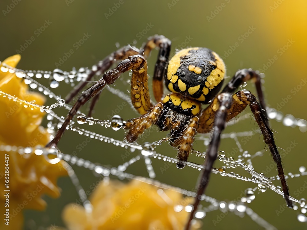 Fototapeta premium Macro view of a stunning spider on a glistening web, capturing nature's beauty with vibrant details