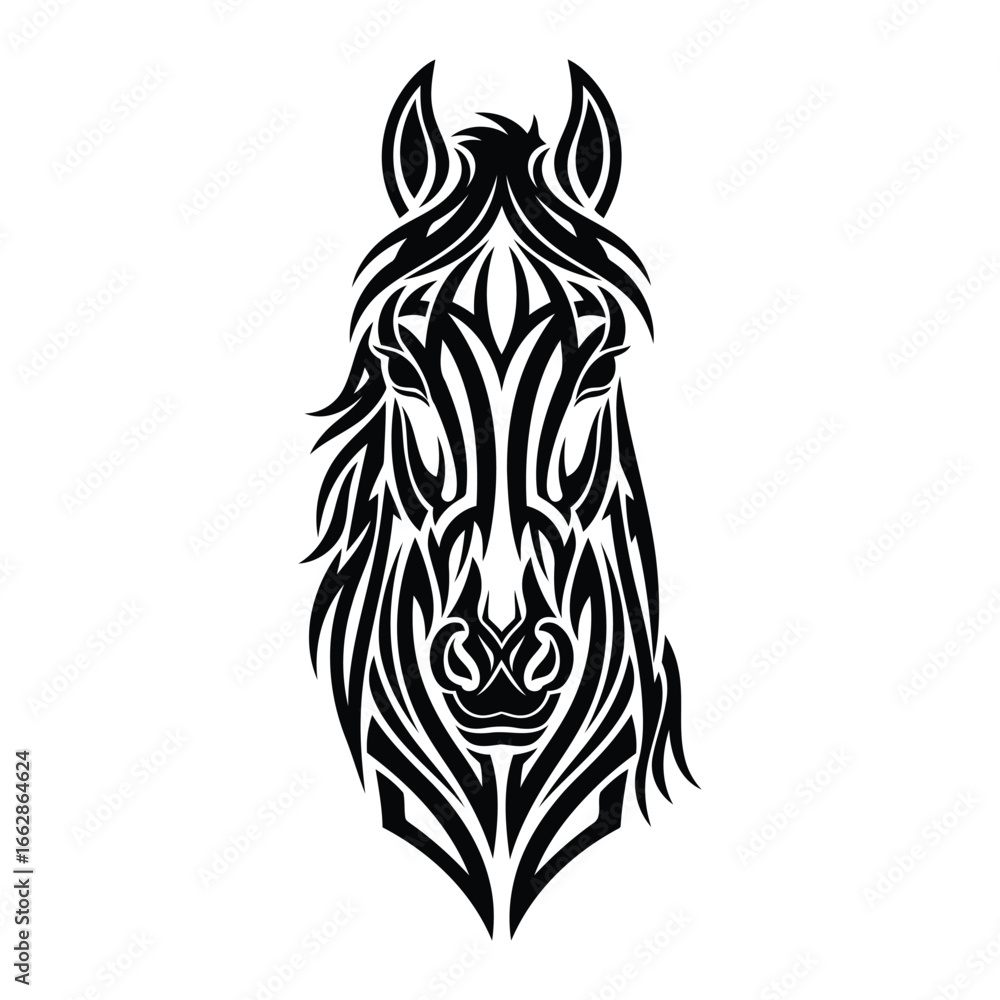 Obraz premium Tribal horse head design featuring black ink artwork with intricate patterns perfect for tattoo and apparel designs