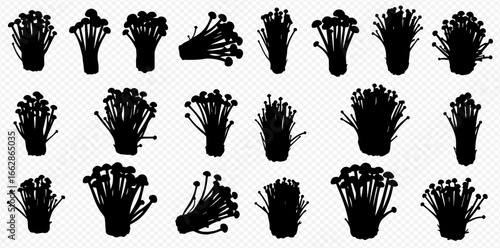 A collection of black silhouette vector icons depicting various clusters of Enoki mushrooms.