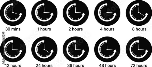 Circular clock timer icon set featuring 30 minutes to 72 hours intervals for countdown, scheduling, and productivity design projects
