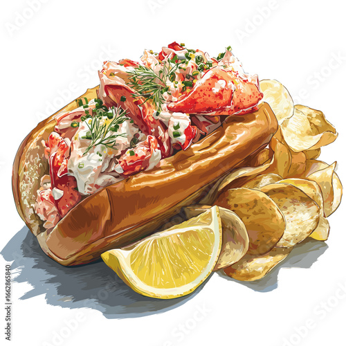Lobster Roll Sandwich with Chips and Lemon Wedge