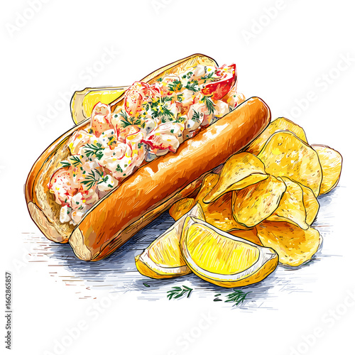 Lobster Roll Sandwich with Chips and Lemon Wedge
