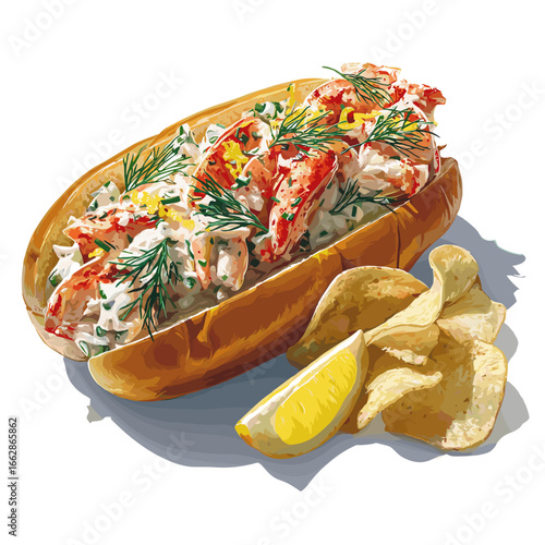 Lobster Roll Sandwich with Chips and Lemon Wedge