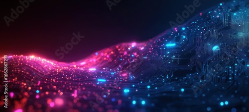 Abstract flowing digital landscape with glowing blue and pink lights resembling a circuit board pattern under dark background