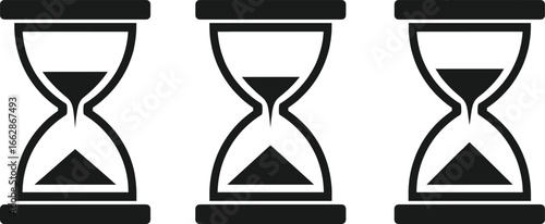 Hourglass icon set featuring black sand timer symbols for time, deadline, countdown, productivity, and vintage design projects