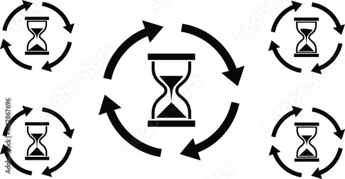 Hourglass with circular arrow icon set representing time cycles, continuity, and recurring events for productivity, scheduling, and deadline design projects