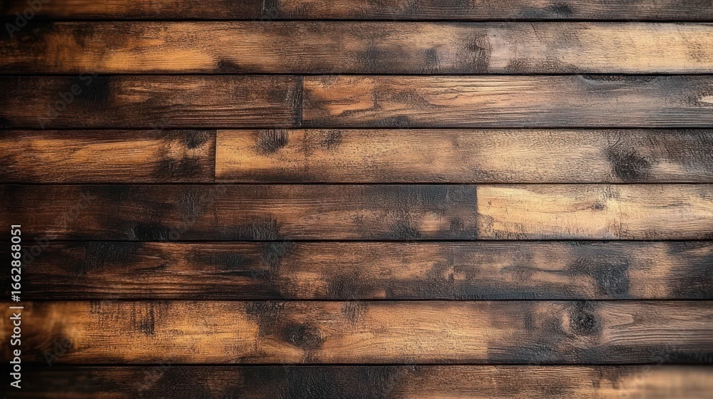 Naklejka premium Close-up of rustic wooden planks with natural grain patterns and warm brown tones creating a textured, vintage wood surface