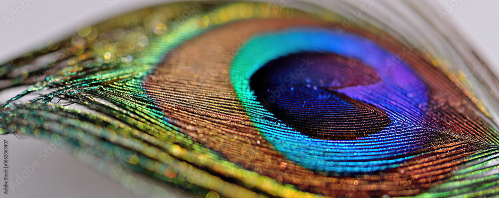 Fototapeta premium Vibrant close-up of a peacock feather displaying iridescent colors and intricate patterns in natural light