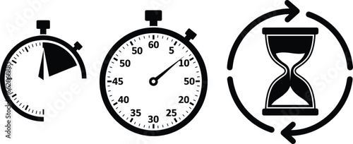 Stopwatch and hourglass icon set featuring interval timing, detailed markings, and cyclical time concepts for productivity, schedule, and planning design