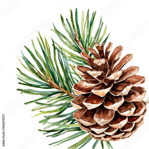 a delicate watercolor painting depicts a pinecone nestled amongst vibrant green pine needles.