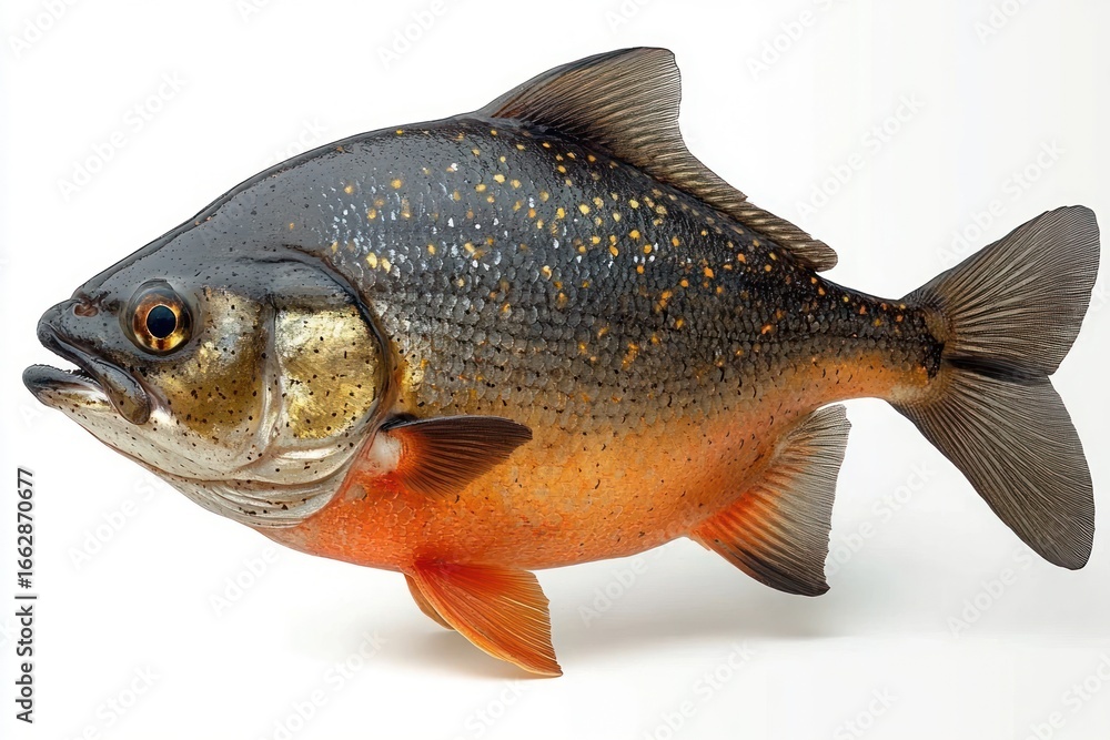 Obraz premium close-up of a single freshwater fish with dark scales and orange belly isolated on white background