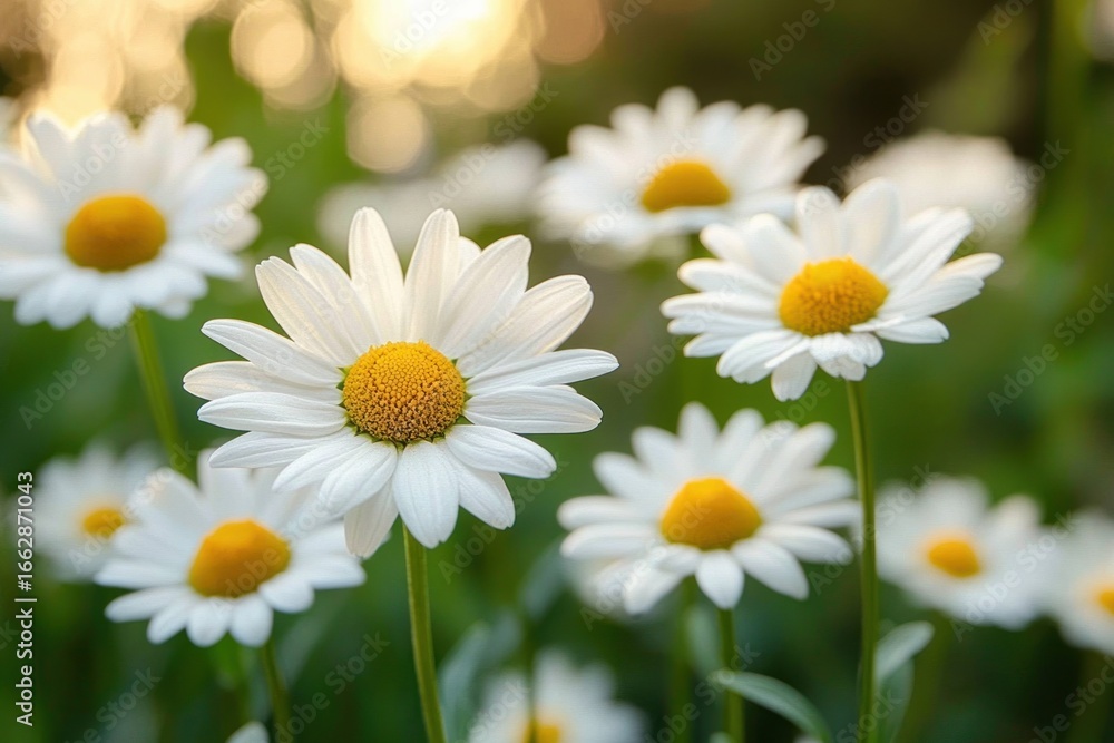 Fototapeta premium Close-up of vibrant white daisies with yellow centers in a sunlit green garden, capturing a fresh and serene natural scene