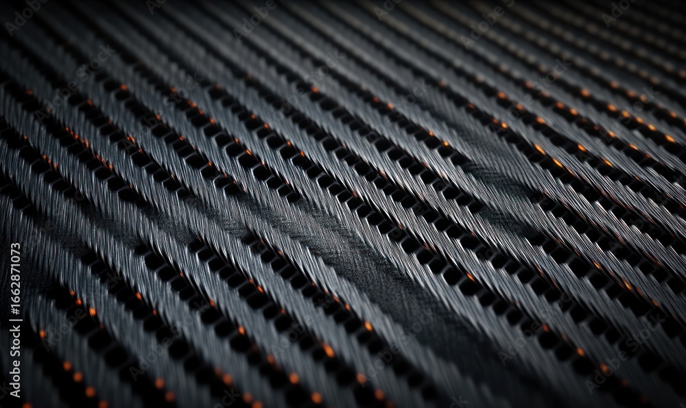 custom made wallpaper toronto digitalClose-up of a textured black surface with repeating elongated rectangular holes and subtle orange light glowing through the gaps, creating a futuristic and mysterious atmosphere