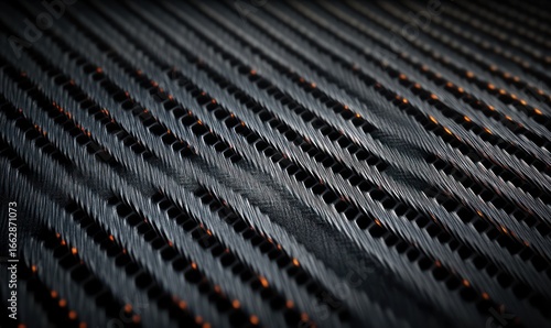 Wallpaper Mural Close-up of a textured black surface with repeating elongated rectangular holes and subtle orange light glowing through the gaps, creating a futuristic and mysterious atmosphere Torontodigital.ca